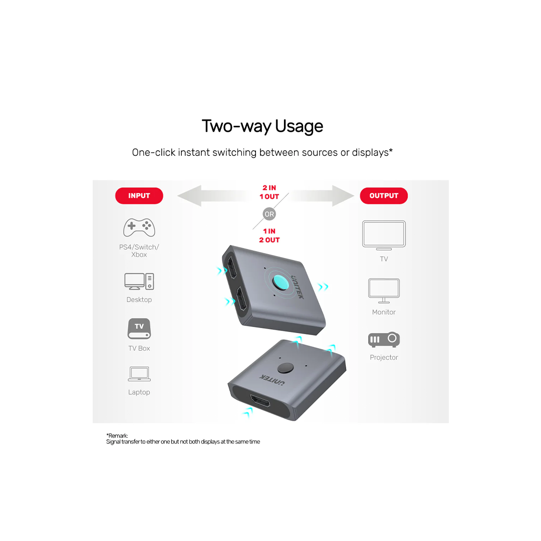 Unitek 4K Aluminium HDMI 2.0 Switch 2-To-1 Bi-Directional in Qatar Unitek 4K Aluminium HDMI 2.0 Switch 2-To-1 Bi-Directional in Qatar
